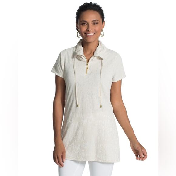 Chico's Zenergy Short-Sleeved 1/4 Zip Cowl Neck Drawstring Top Cream Size 3 [XL] - Picture 2 of 13